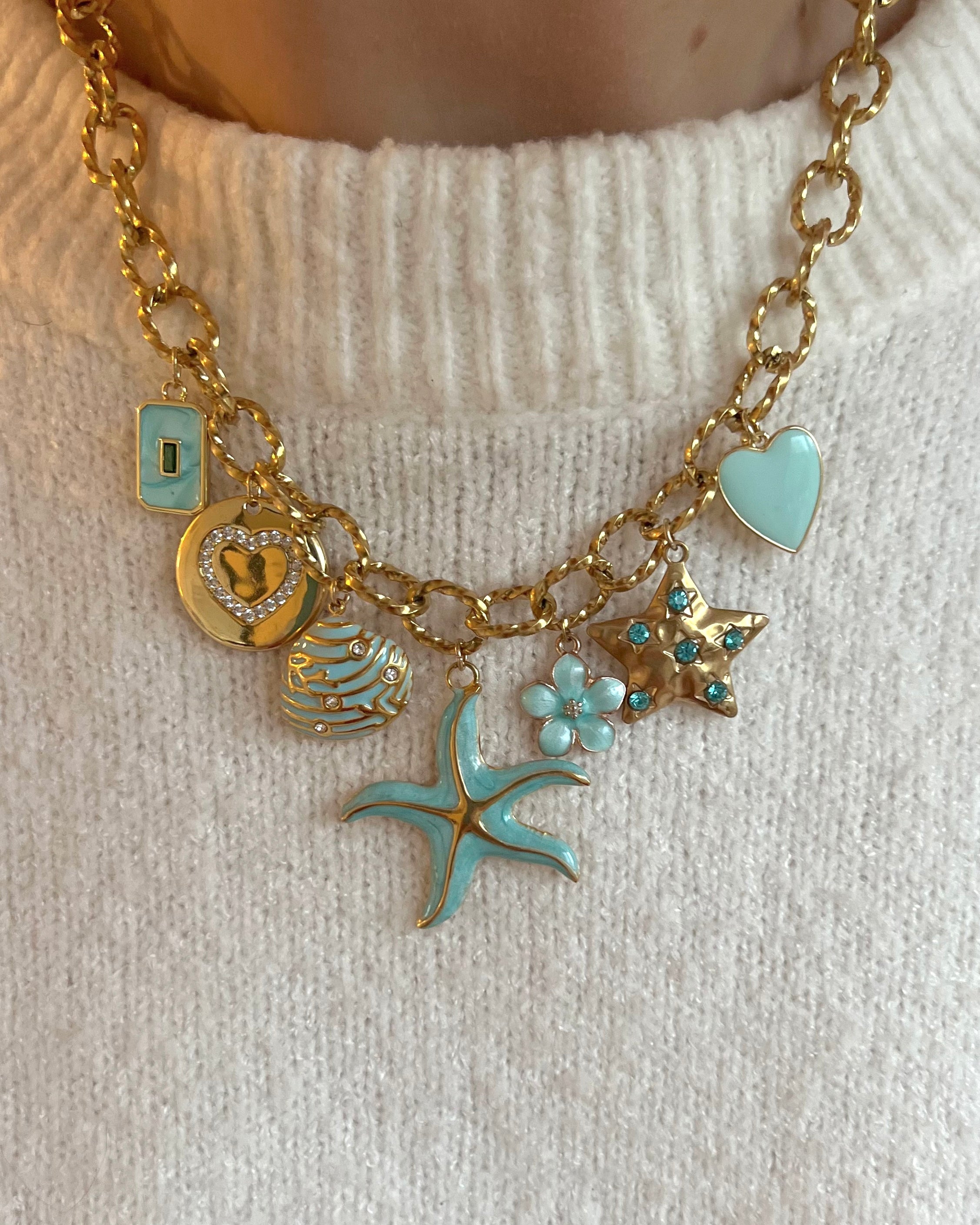 “seastar turquoise” charm necklace gold