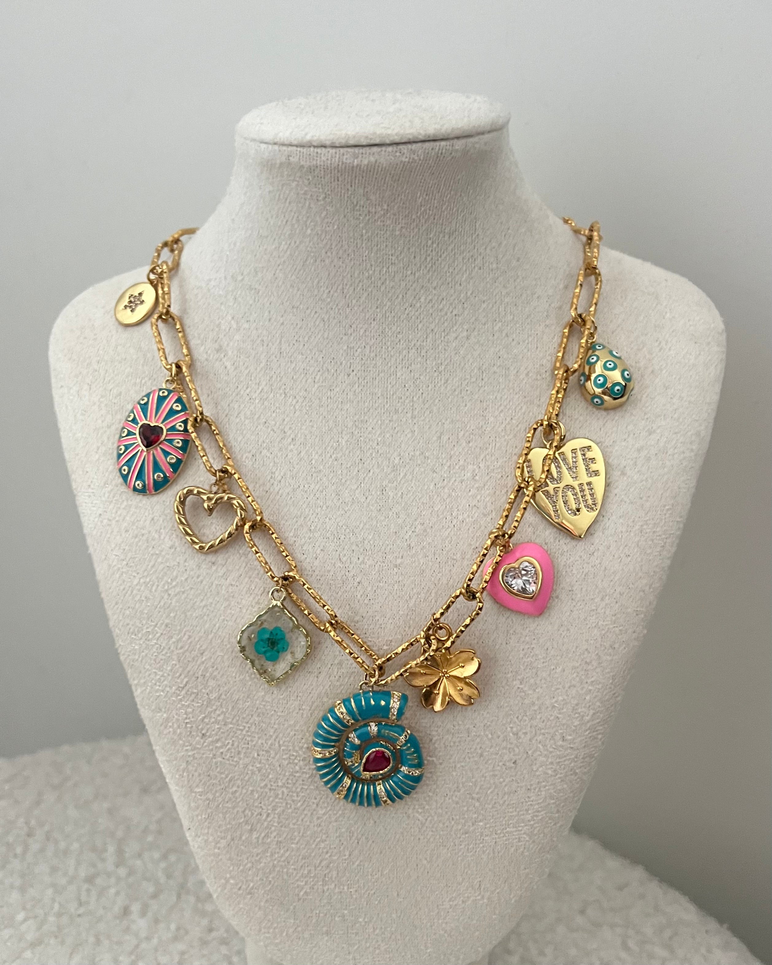 “full of love blue” charm necklace gold