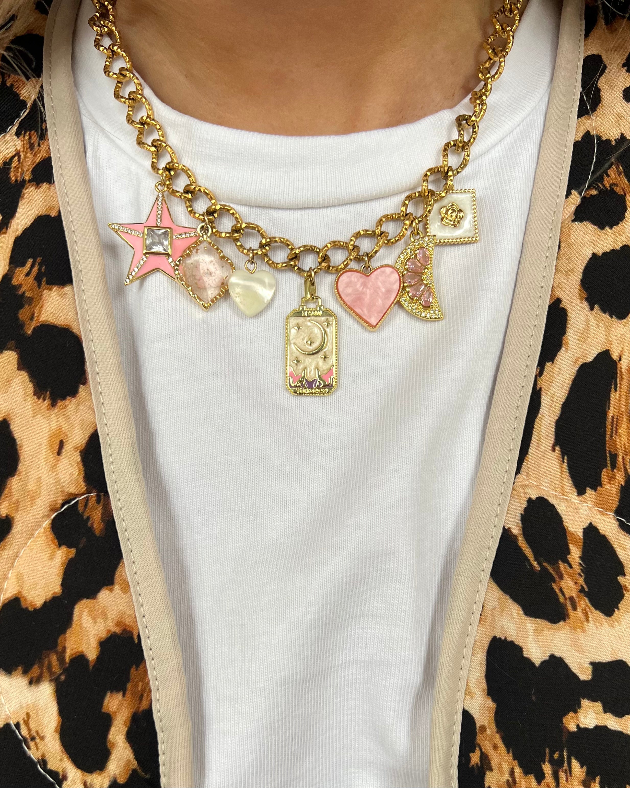 “pink flower” charm necklace gold