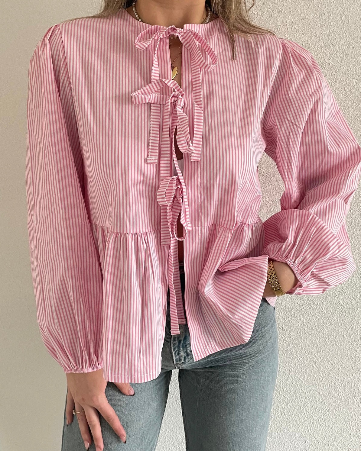 “Stripes” bow blouse pink