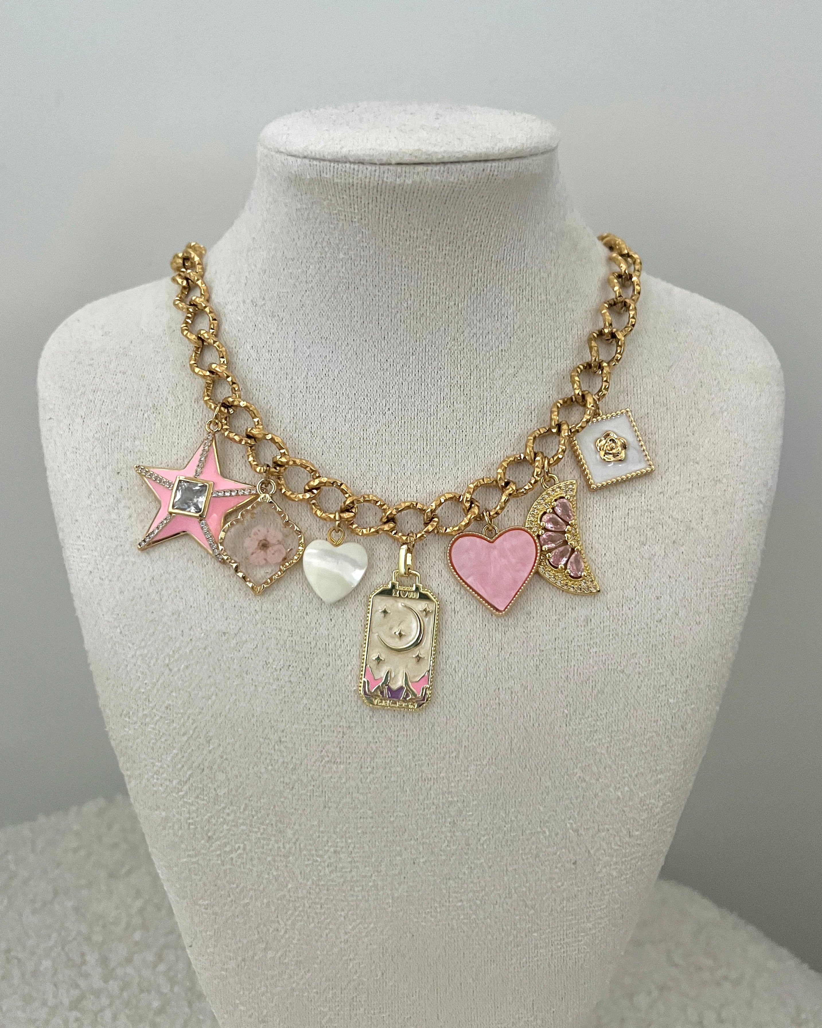 “pink flower” charm necklace gold