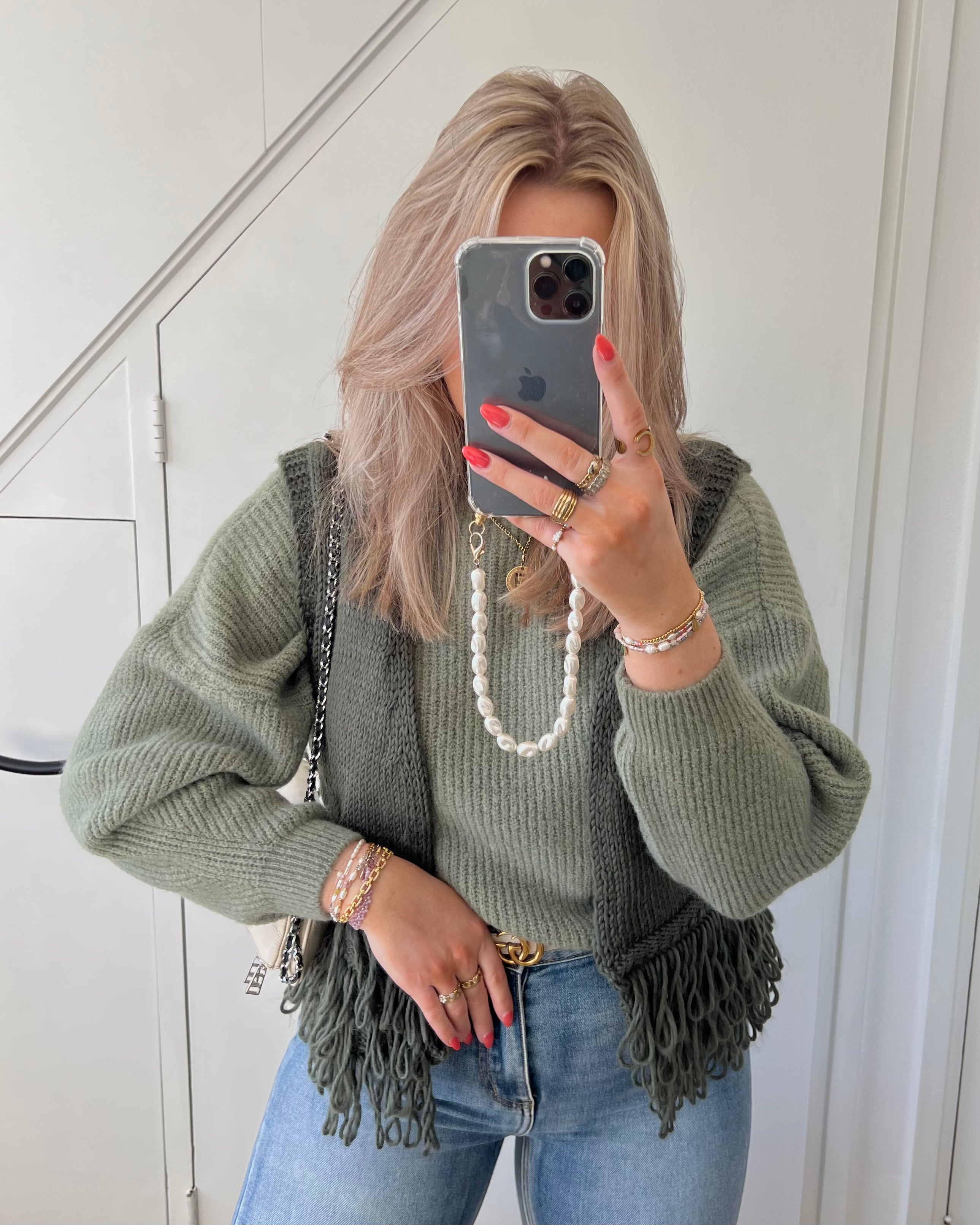“KNITTED FRINGE” GILET ARMY GREEN