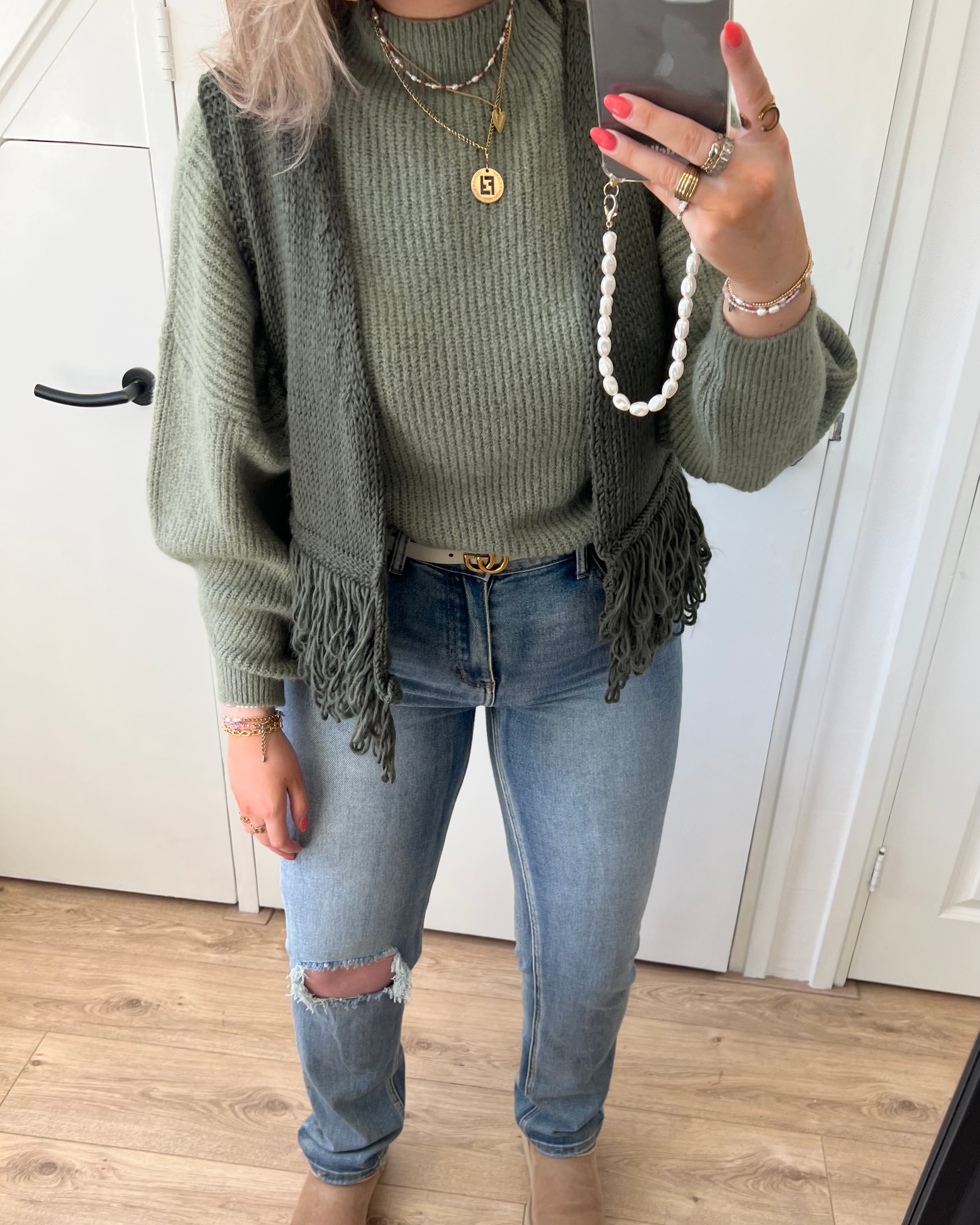 “KNITTED FRINGE” GILET ARMY GREEN